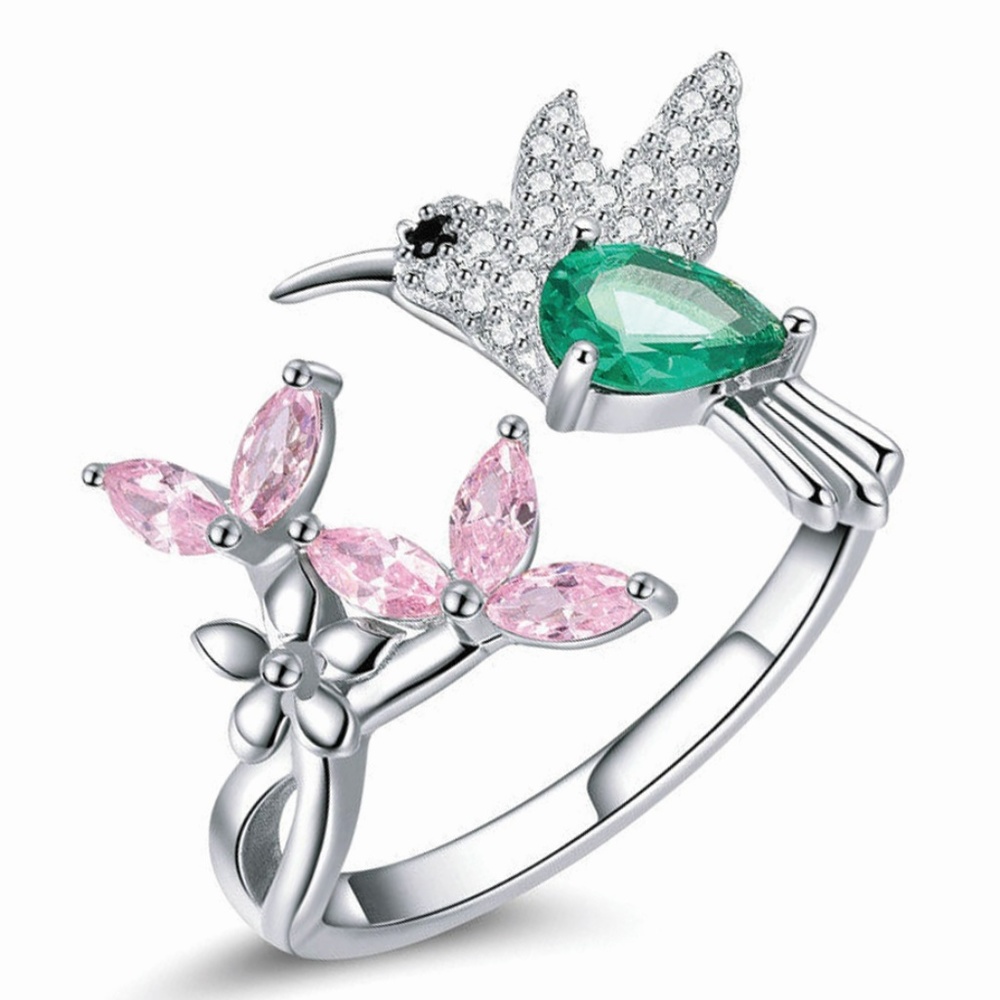 100% 925 Silver Bird Hummingbird Flower Open Ring
